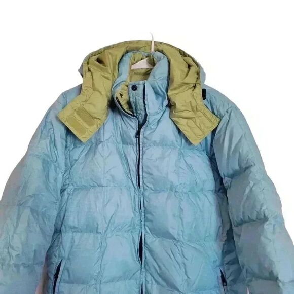 Lands' End Women's Aqua Blue & Lime Green Nylon Reversible Down Puffer Coat w De - Picture 2 of 10